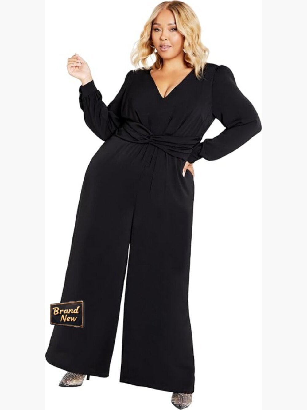 Plus Size V-Neck Jumpsuit with Removable Shoulder Pads and Pockets
